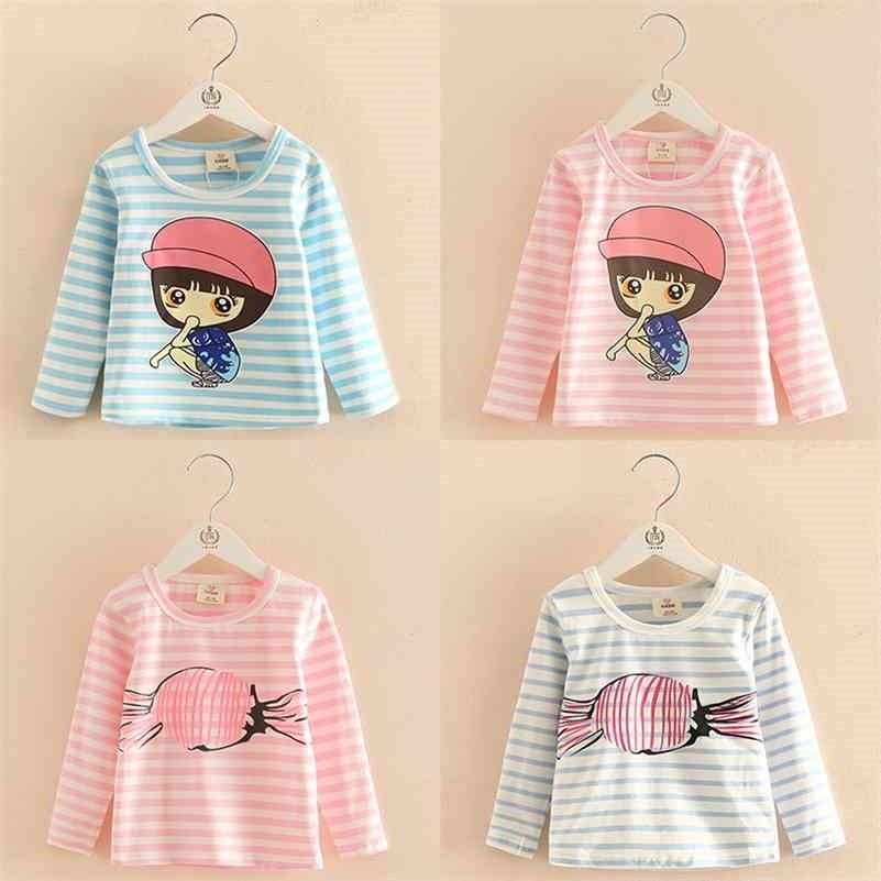 

Spring Autumn 2-10T Years Children'S Clothing Long Sleeve Kids Candy Color Cartoon Sweet Candy Girl Stripe Basic T-Shirt 210701, Green