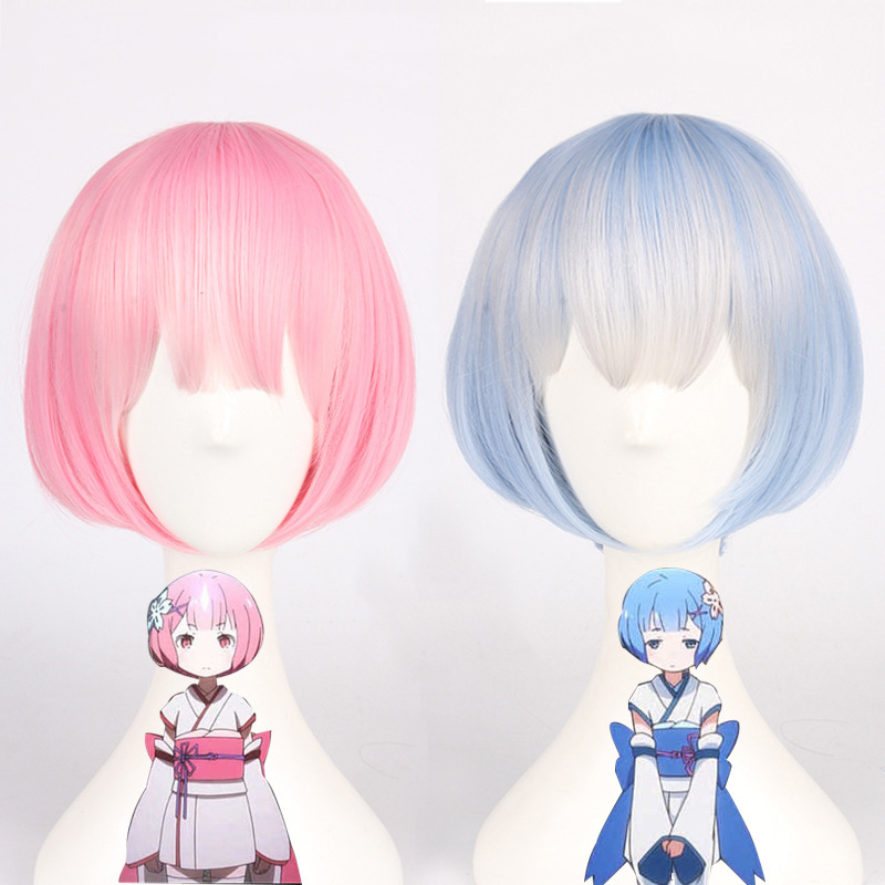 

REM Cosplay Wig or RAM Cosplay Wigs Re:zero Starting Life in Another World Blue Pink Short BOBO Heat-resistant Fiber Hair Wigs, 5841