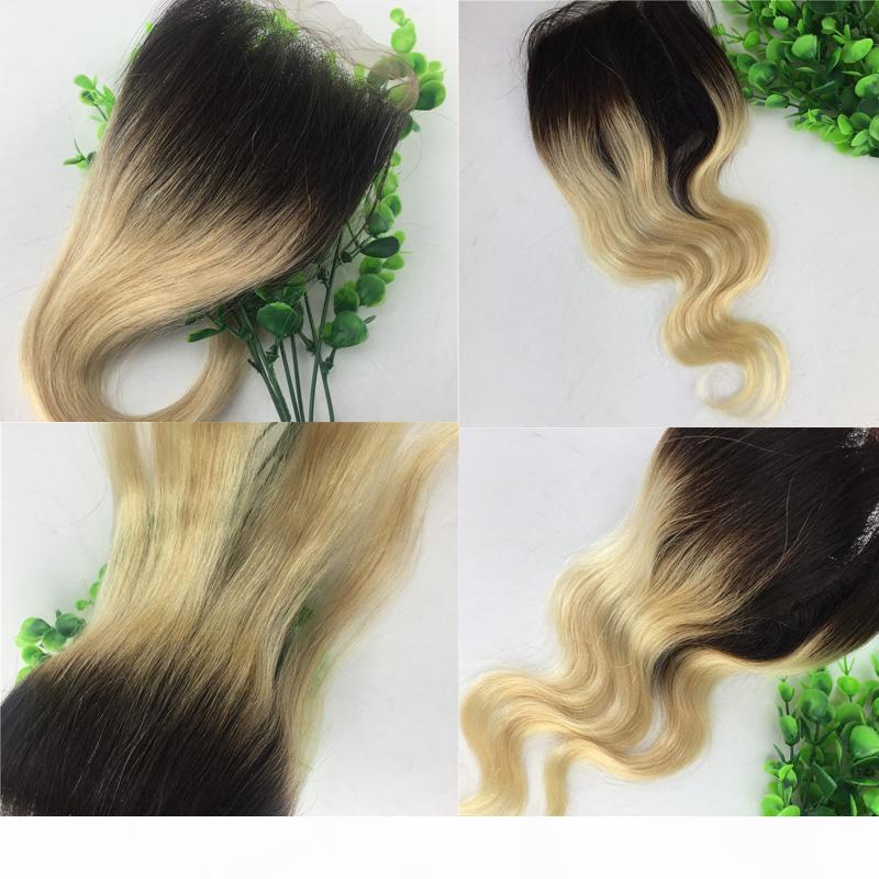 

4x4 Lace Closure Ombre Blonde 1B 613 Two Tone Human Hair Brazilian Virgin Hair Straight Body Wave Bleached Knots Free Part Swiss Lace