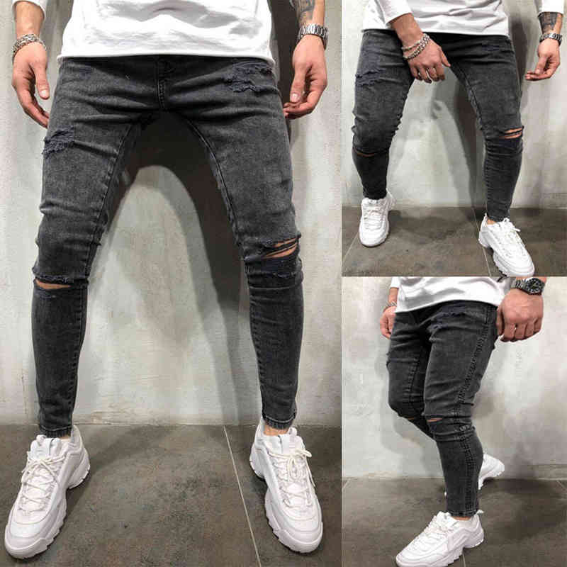 

mens stretch destroyed jeans fashion skinny ripped design jeans for men brand new hip hop denim trousers male pencil pants 3xl, Blue