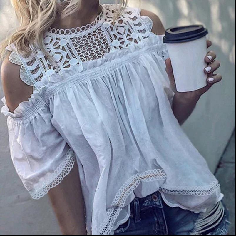 

hollow out pleated ruffle lace womens shirt patchwork off shoulder o neck short sleeve elastic lady summer female, White