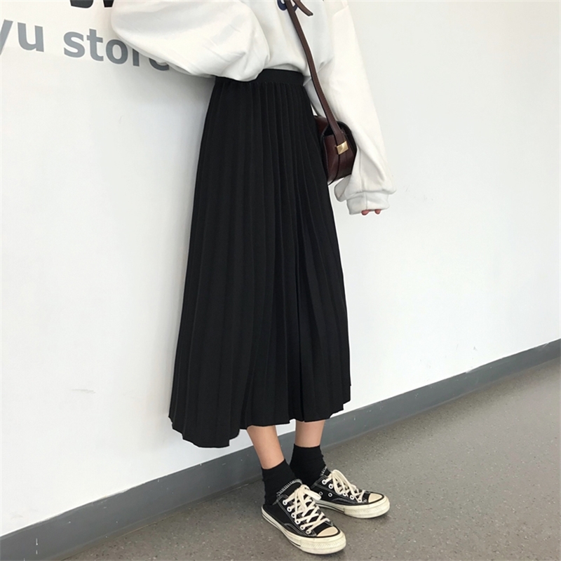 

Fashion Women's High Waist Pleated Solid Color Length Elastic Skirt Promotions Lady Black creamy white Party Casual Skirts 210608, Beige