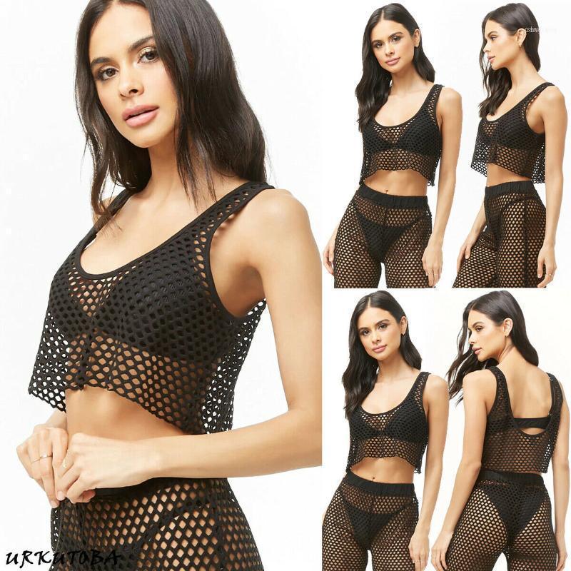 

Women Sets Sexy Crochet Mesh Sleeveles Tops With Pants Ladies' Summer Beach Sheer Bikini Cover Up Suit 2Pcs Women's Tracksuits, Gray