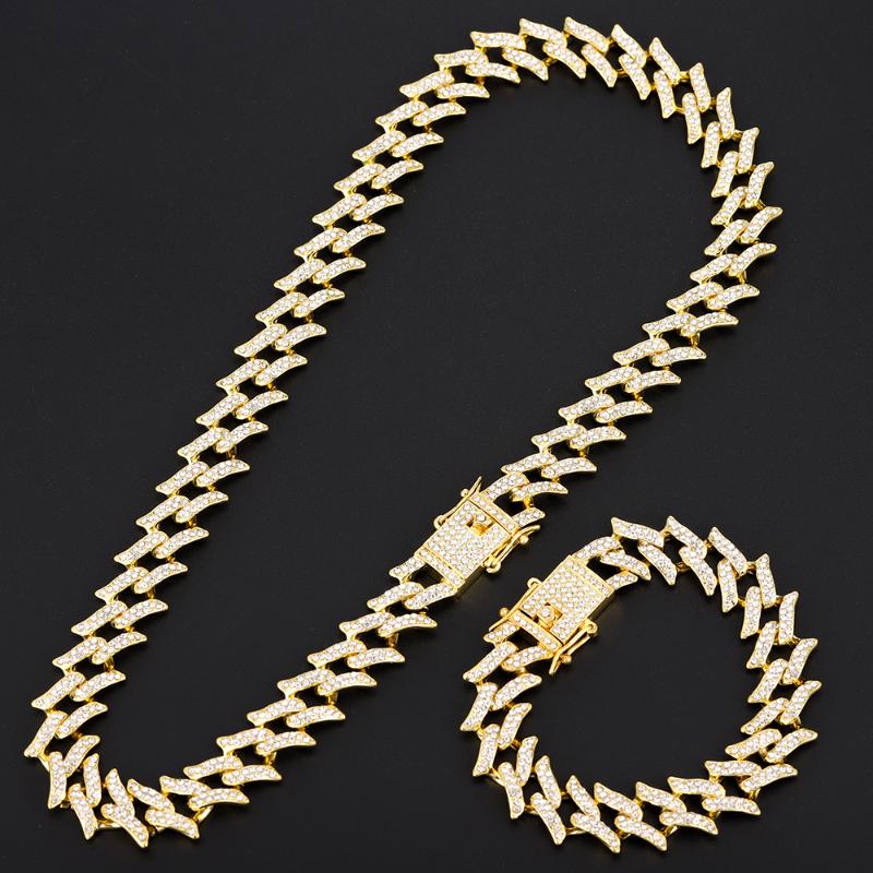 

Hip Hop 15.5MM Bling Heavy Iced Out Cuban Thorns Link Chain Full Crystal Pave Men's Bracelets Necklace For Men Jewelry Pendant Necklaces