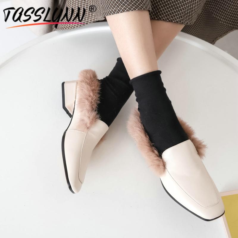

Slippers TASSLYNN 2021 Womens Shoes Genuine Leather Winter Plush Outside Fur Slides Square Heel Sewing Luxury Women Designers, Black