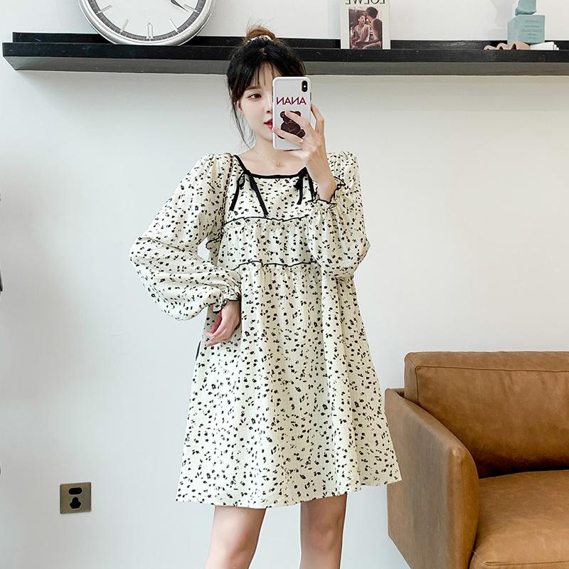 

Maternity Dresses Spring Dress Long Lantern Sleeve Square Collar Patchwork Pregnant Woman A-line Fashion Printing Pregnancy Blouse, White