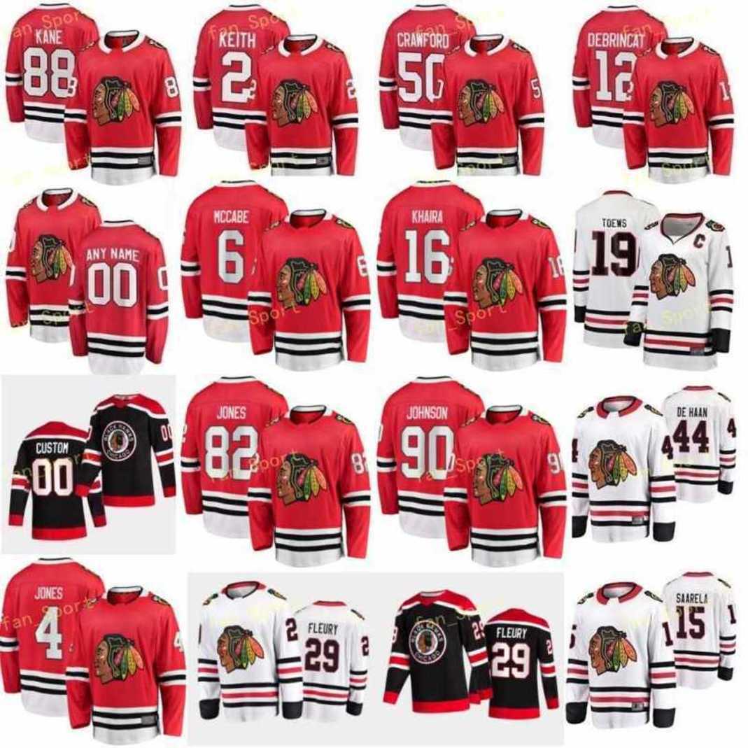 

29 Marc-Andre Fleury Chicago Blackhawks 2021 6 Jake Mccabe 16 Jujhar Khaira 82 Caleb Jones 90 Tyler Johnson 4 Seth Jones Red White Black, Youth