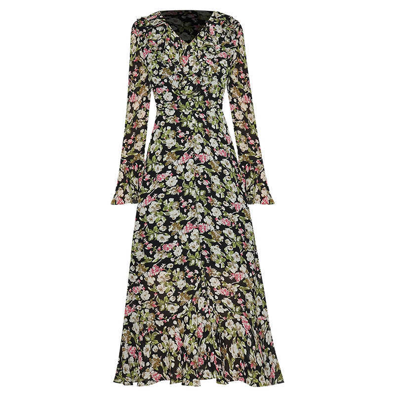 

EXCELLENT QUALITY est Runway Fashion V-Neck Long Sleeve Ruffles Gorgeous Floral Print Mid-calf Dress 210526, Black