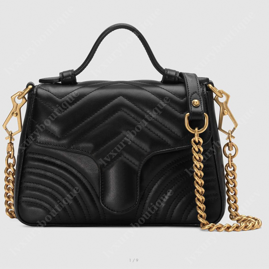 

Black Chevron Leather Marmont Top Handle Bag Mini Small 2 Sizes Four Colors Crossbody Bags with Chain Strap, White