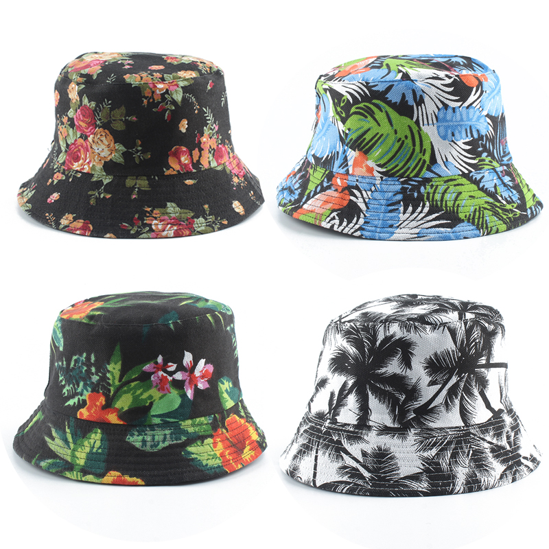 

Fitted Hat 2021 New Fashion Summer Coconut Tree Flower Printed Fisherman Caps Panama Bucket Hat Reversible Gorro Pescador Men Wo