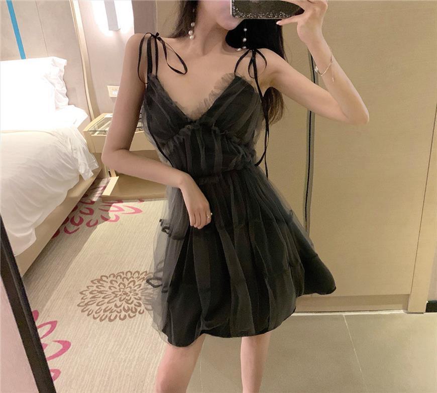 

b4347 summer fashion nice womens dress temperamental backless v neck net gauze shoulder strap wholesale, Black;gray