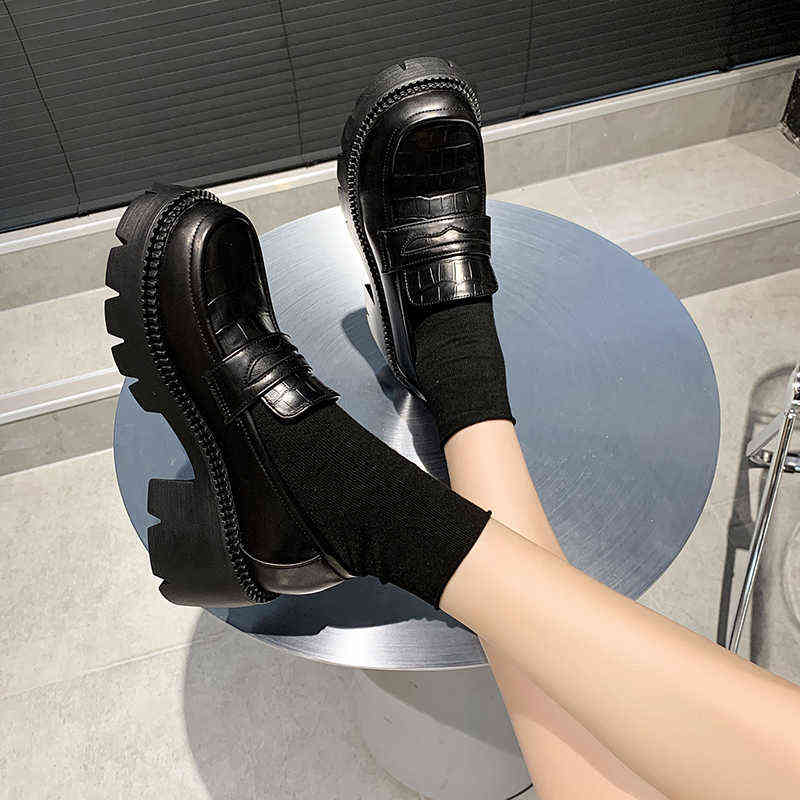 

French Style Woman High Heels Pumps Chaussure Femme Patent Leather College Shoes Lolita Cosplay Platform Chunky Sole Loafers H1126, Matte black