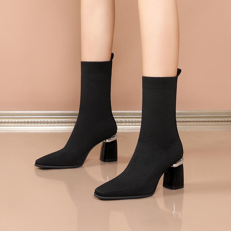 

Boots 2021 Autumn Winter High-heeled Thick-heeled Square Toe Mid-tube Thin Children's Sleeve Solid Color Socks, Black