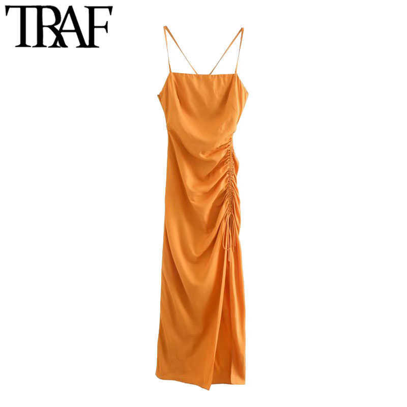

TRAF Women Chic Fashion Draped Detail with Adjustable Tie Midi Dress Vintage Backless Side Zipper Straps Female Dresses Y0603, As picture