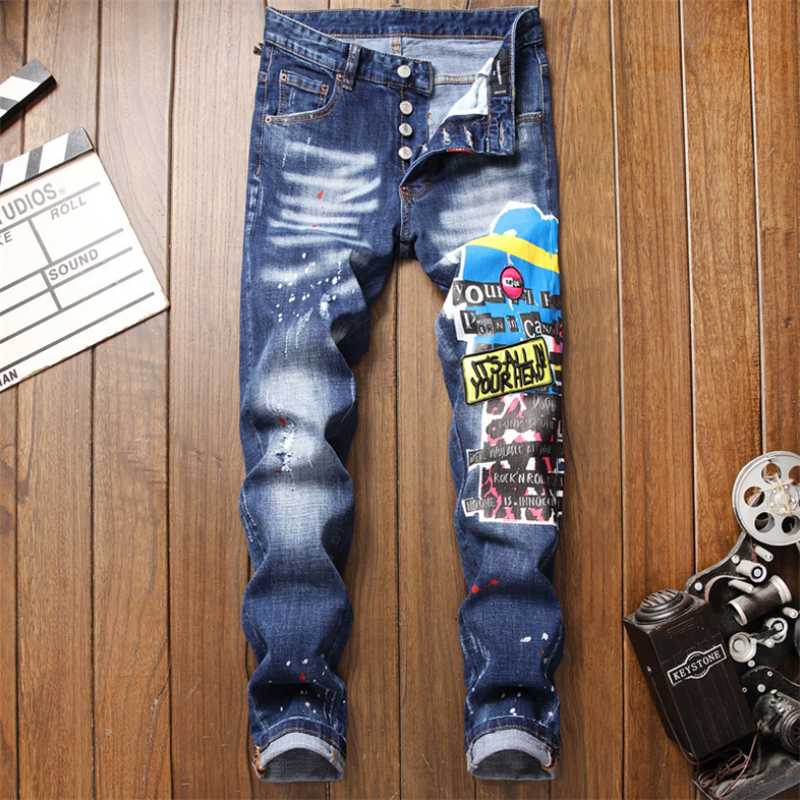 

Fashion Tattered Splash Paint Men Ripped Slim Embroidered Stretch Jeans Blue Skinny Beggar Pants Men's