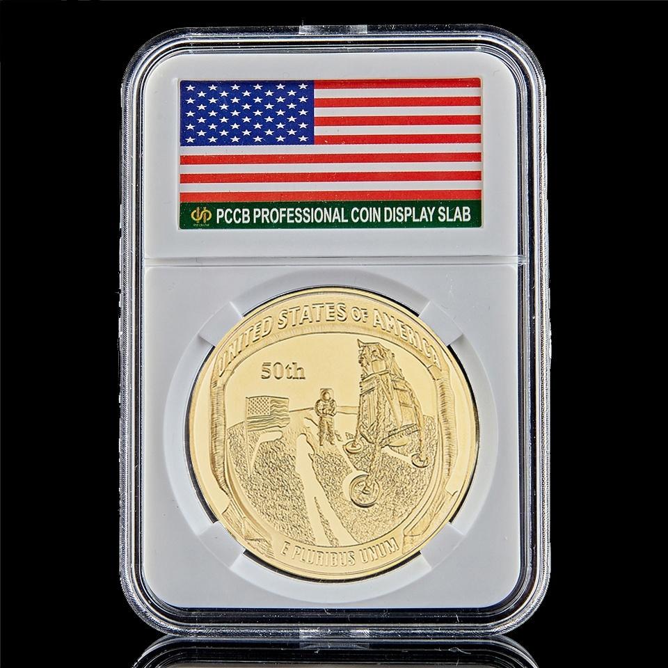 Commemorative Coins USA 50th Anniversary Of Moon Landing Apollo 11 Spacecraft Flying Double Star Gold Silver Souvenir World Coin Collection-image-710203894