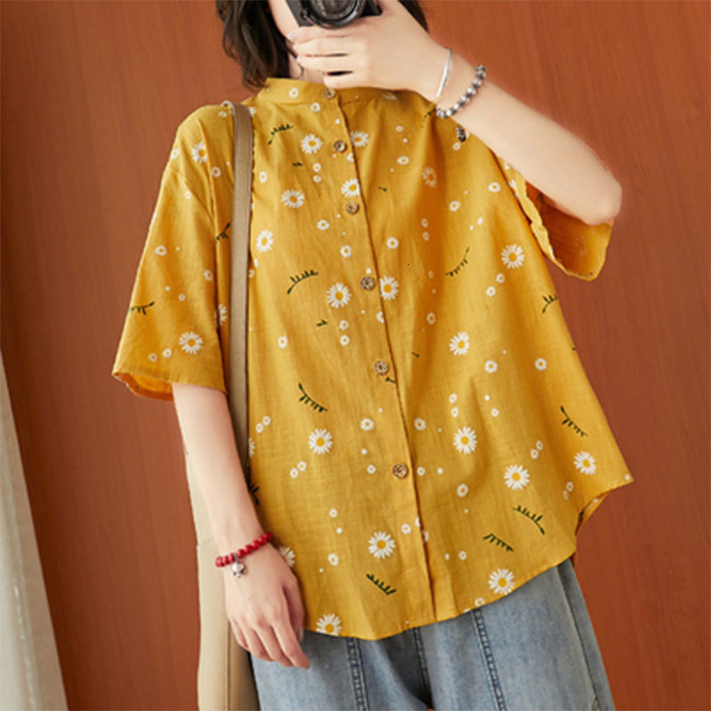

Women's Blouses & Shirts Arrival Summer Arts Style Women Short Sleeve Loose Shirts All-matched Casual Daisy Print Cotton Linen B, Yellow