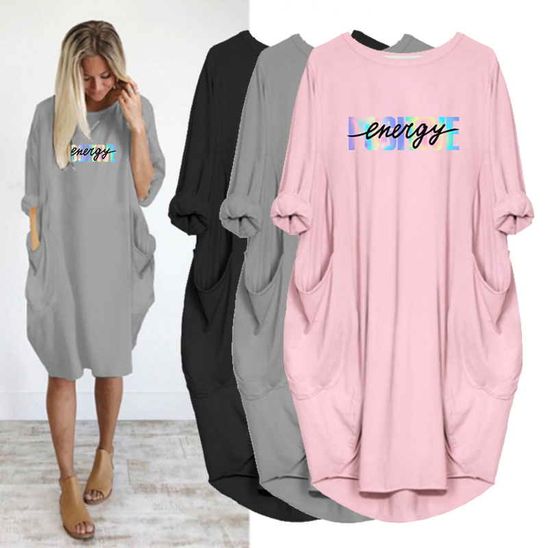 

PROPCM Plus Size Women Loose Midi Dress Y2K Simple Letter Print Long Sleeve O Neck With Pocket Casual Party Vestidos Robes Femme Club, D002-pink