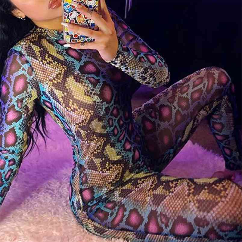 

OMSJ Snake Print Bodycon Sexy Jumpsuit For Women Long Sleeve Round Collar Rompers Female Streetwear Overalls Playsuit 210517, Beige