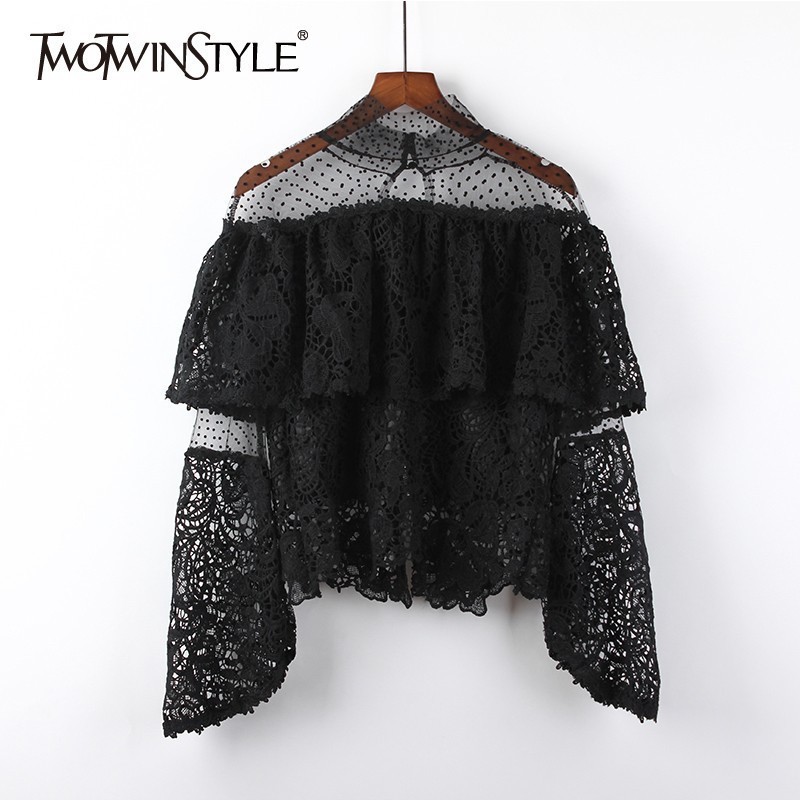

Korean Womens Shirt Blouse Women Flare Long Sleeve Perspective Patchwork Mesh Lace Tops Female Autumn Fashion 210524, Black