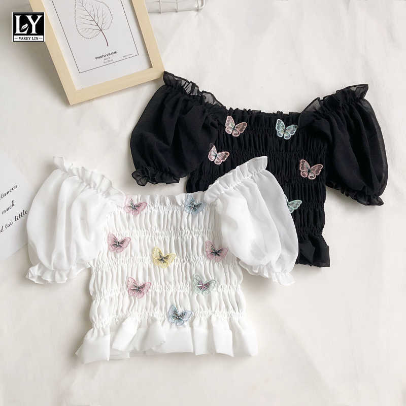 

LY VAREY LIN Summer Women Casual Butterfly Fold Slim Shirts Tops Sweet Straight Shoulder Puff Sleeve Short Chiffon 210526, Black