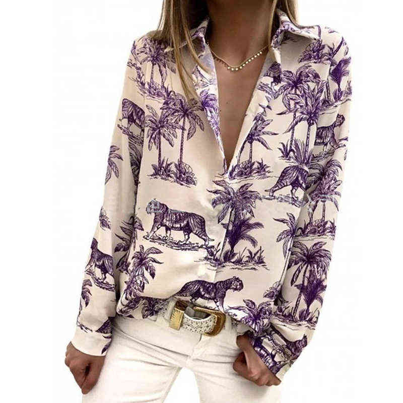 

Women' tiger printed casual shirt, loose long sleeve round neck shirt and coconut tree, fashion in autumn 2022, Purple