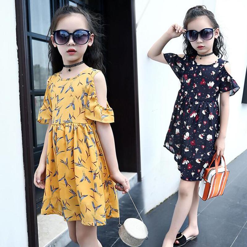 

Girl's Dresses Girls Summer Beach Fashion Shoulderless Chiffon Dress Kid Printed Clothes For Teenager Crianca Vestidos, Navy blue dress