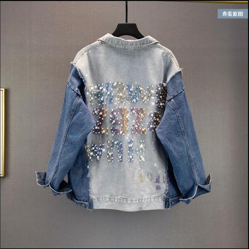 

Women's Jackets Letter Rhinestone Pearl Denim Jacket Spring And Autumn 2021 Loose Thin Stitching Top, Blue