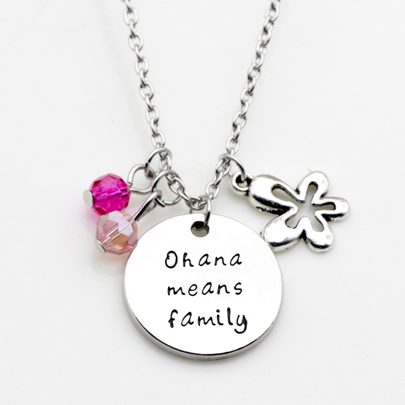 

Silver Metal Color Crystal Beads Fashion Necklace Jewelry Ohana means family Letter Necklace Jewelry