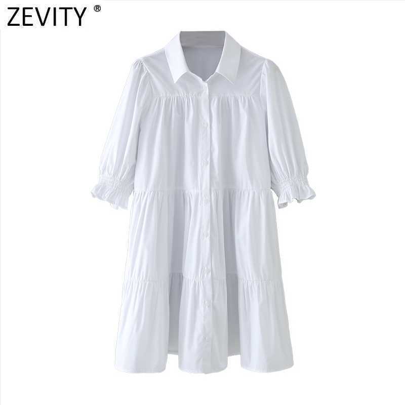 

Zevity Women Turn Down Collar Pleats White Shirt Dress Chic Puff Sleeve Office Lady Vestido Business Mini Dress DS4981 210603, As pic ds4981xz