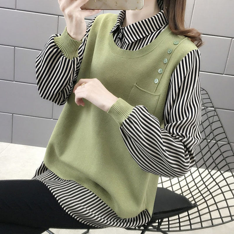 

Fake two-piece shirt collar sweater autumn and winter womens 2021 new fashion loose Joker outer shirt knitted base shirt, Default color
