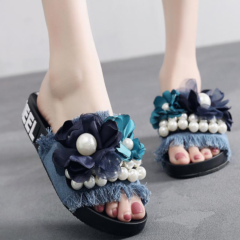 

Pearl Beaded Flats Slippers Women Silk Flowers Muffin Shoes Girls Denim Tassel Open Toe Slides 2021 Thick Bottom Zapatos Mujer, Black