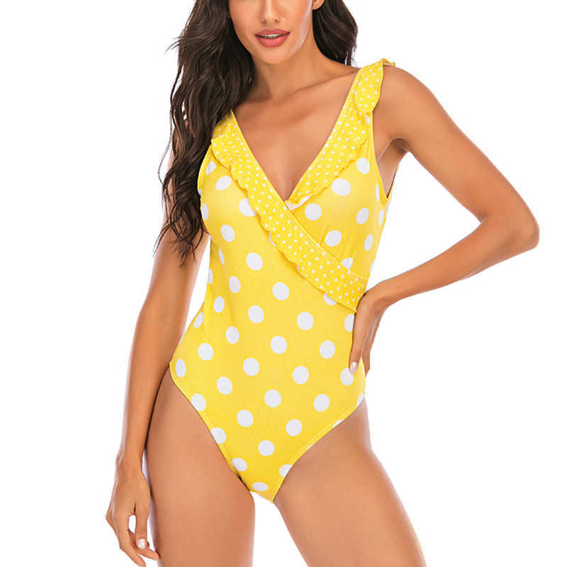 

ZAFUAZ Dot Print Swimsuit Women Swimwear V-neck Beach Wear U-back Bathing Suit Ruffled Swimming Suit Strap Swimsuit Fused 210604, Yellow swimsuit
