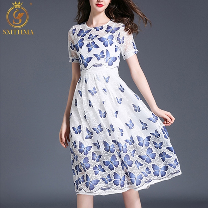 

High Quality Runway Dress Women Short Sleeves Print Butterfly Lace Long Dresses 210520, Picture color