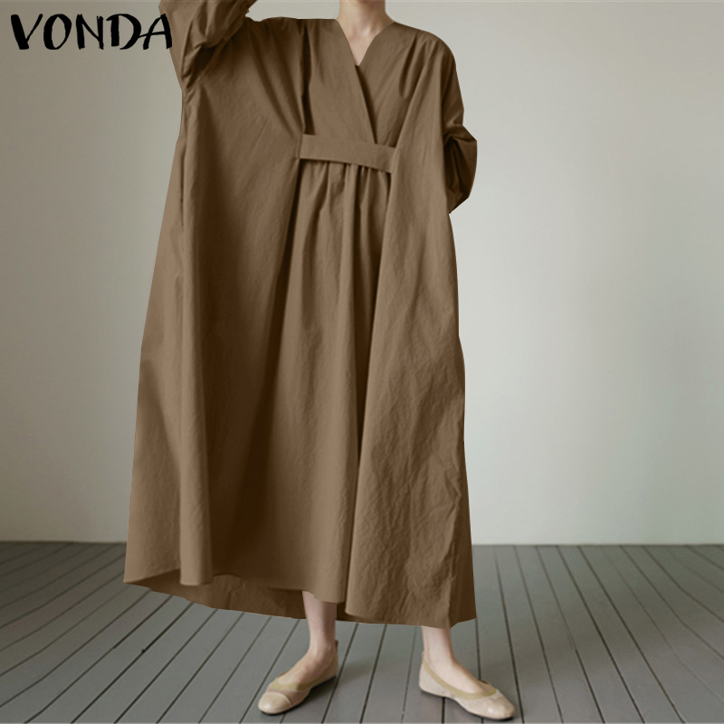 

Elegant Womens Dress Bohemian Sundress Casual Long Sleeve Pleated Long Maxi Dress Plus Size Robe Femme VONDA Casual Vestidos, Black