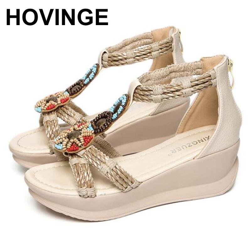 

Dress Shoes HOVINGE 2021 Boho Ethnic Wedges Gladiator Women Sandals Summer String Bead Cane Platform Lady High Heel Woman, Black