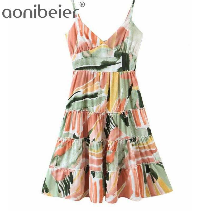 

Casual Sling Print Women Summer Sexy V-Neck Holiday Style Maxi Dress Elegant High-Waist Lace-Up Ruffle Dresses Urban 210604, Multicolor
