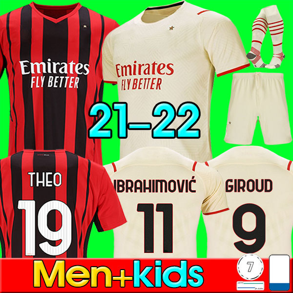 

AC milan 21 22 soccer jersey GIROUD IBRAHIMOVIC BRAHIM BENNACER ROMAGNOLI R.LEÃO 2021 2022 home away Beige football shirt TONALI REBIC maillot men kids kit with socks, P12 20 21 third kids