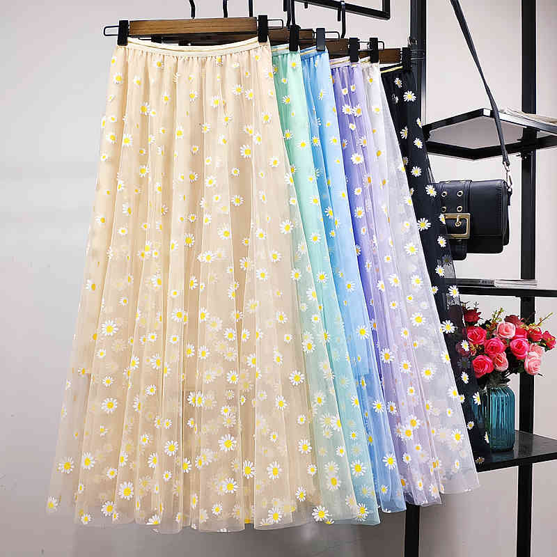 

Casual Dresses Colorful Daisy A-line Pleated Maxi Long Tulle Skirts QBGL, Black