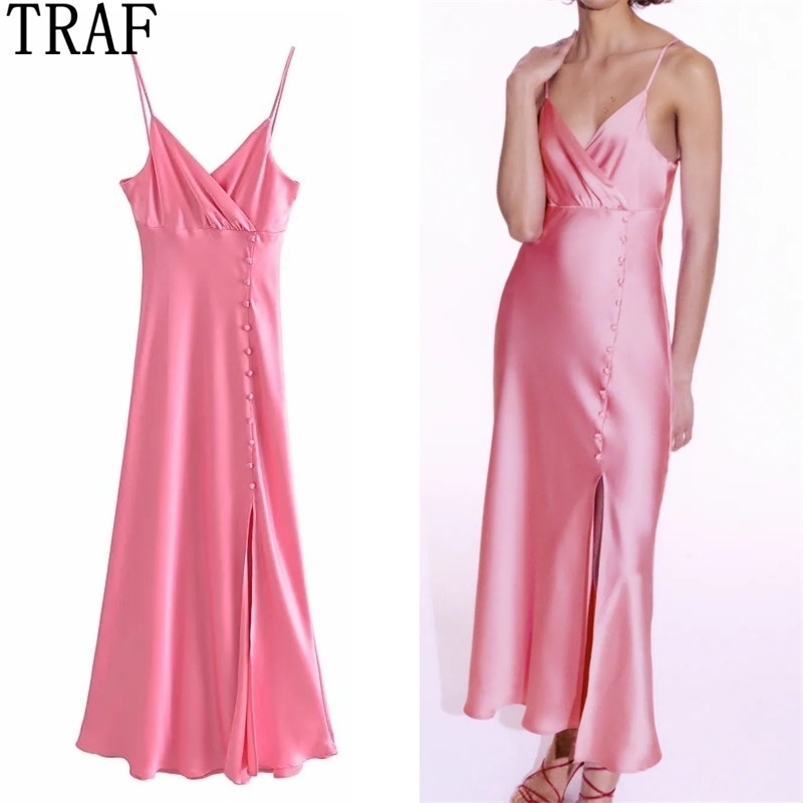 

TRAF Summer Dress Woman Za Pink Satin Long Women Black Backless Slip Sexy Party es Red Midi Elegant es 210701