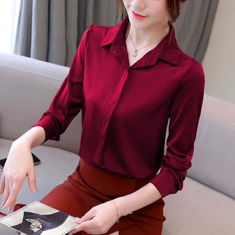 

Silk Women Shirts Long Sleeve Satin Office Lady Solid White Woman Basic Blouses Tops Plus Size Blouse 210604, Champagne