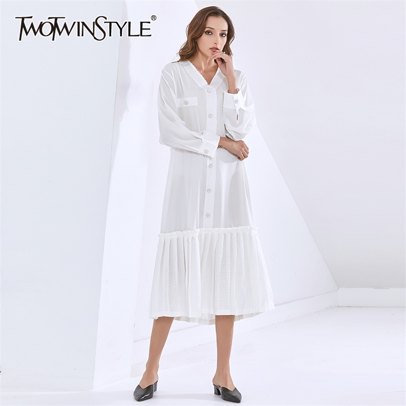 

Patchwork Pleated Casual Dress For Women V Neck Long Sleeve Loose Dresses Female Fashion Clothing Autumn 210520, White