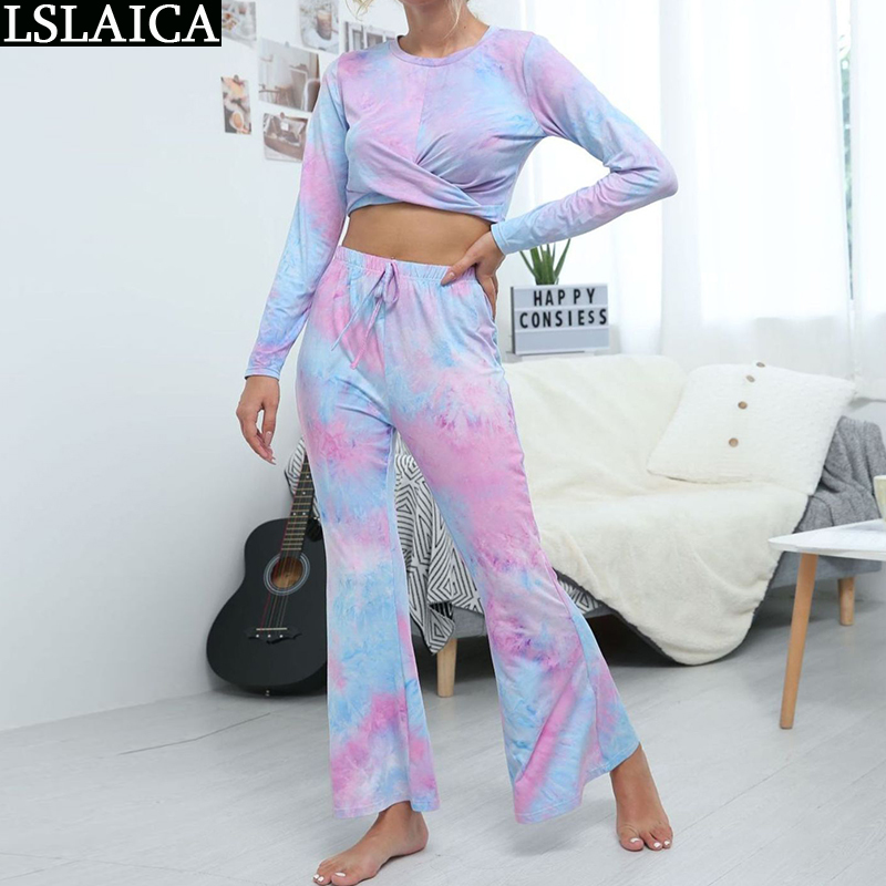 

Women Tracksuit 2 Piece Set Tie Dye Crop Tops Autumn Long Sleeve o Neck Flared Trousers Casual Sets Outfits 210520, Lavender