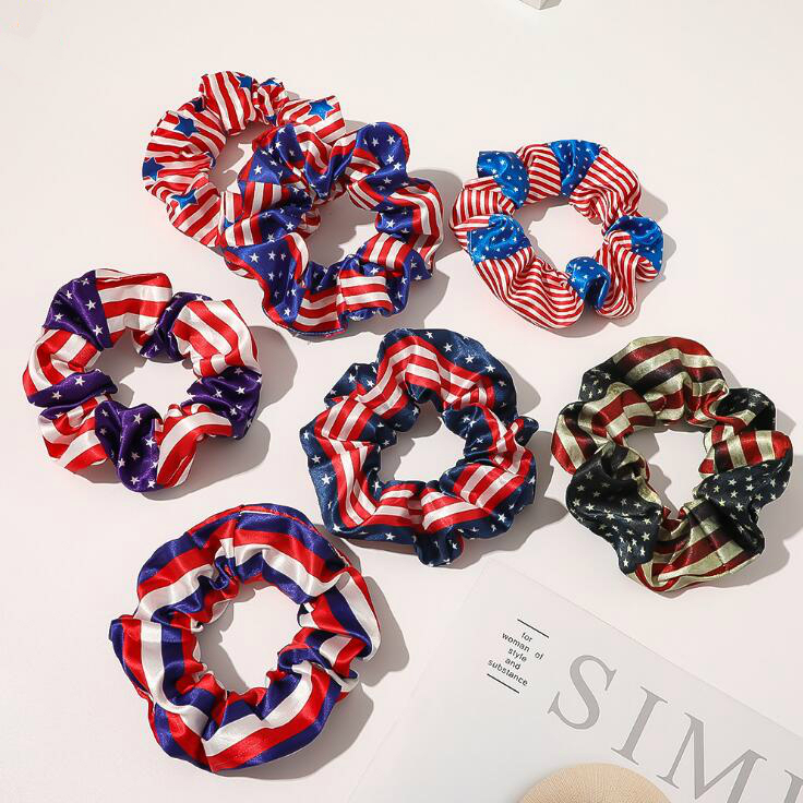 

US Flag Print Pony Tails Holder Hair Circle Rope Bracelet Bangle Scrunchy Headband Wrap Independence Day, Golden;silver