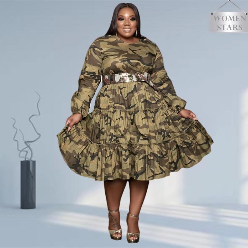 

Plus Size Dresses Women 2022 Wholesale Buttons Casual Long Sleeve Loose Camouflage Pleated Shirt Maxi Drop, Black