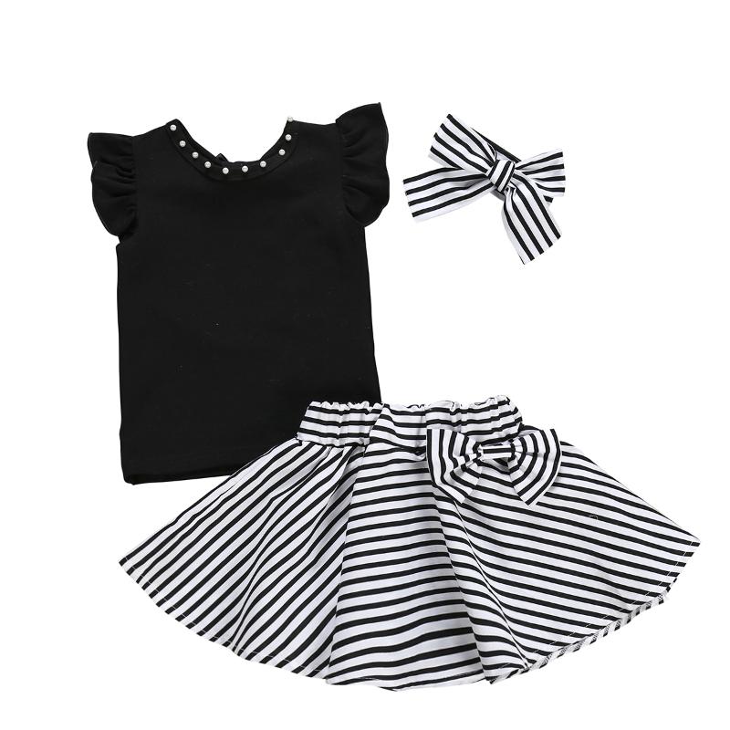 

Clothing Sets Fashion Infant Baby Girls Kids Set Short Sleeve T-shirt Tops+striped Skirt+Headband 3pcs Girl Children Clothes, Black