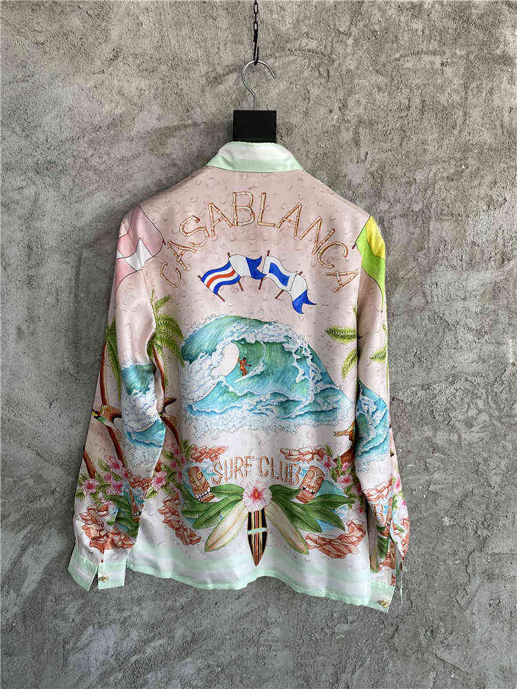 

Casablanca Beach Wave flag Satin painted shirt Hawaiian loose printed silk long sleeved shirt, Qian fen