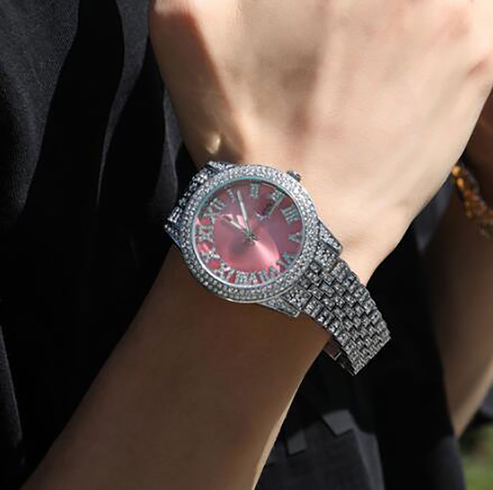

Valentine's 42mm Diamond Icy Watch Automatic Movement Waterproof Luxury Iced Out Rhinestone Watches for Man Women Gifts, Two tone/green