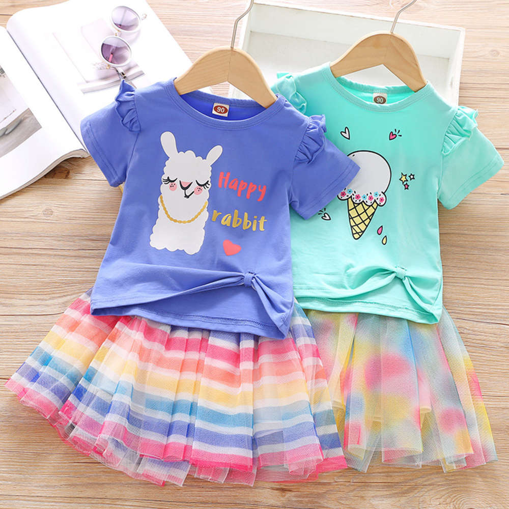 

Girls' suit summer baby cartoon short sleeve printed top children's leisure color bar skirt two piece set fashion, White
