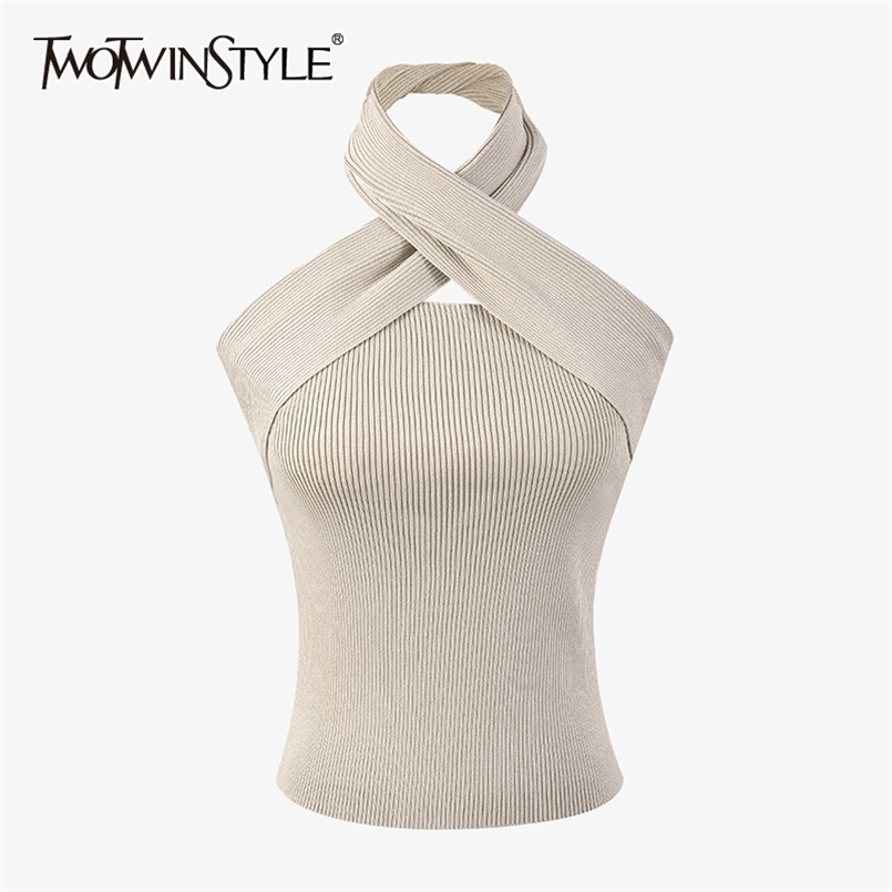 

Backless Cross Sweater For Women Irregular Collar Sleeveless Sexy Knitted Slim Tops Female Fashion Clothing 210524, Apricot
